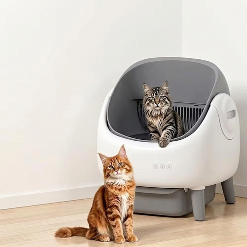 Two cats next to an Automatic Self Cleaning Cat Litter Box SMARTLITR in a modern home setting.