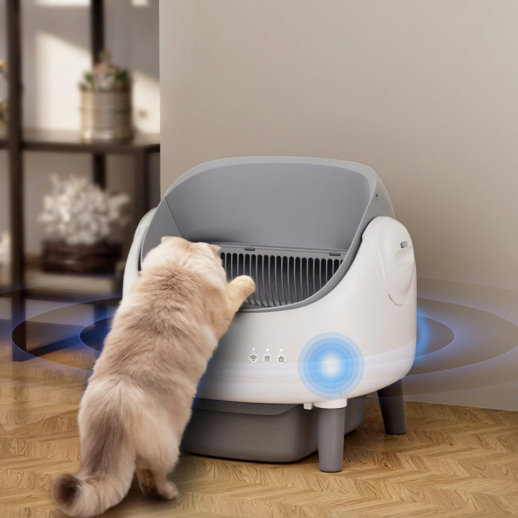 A cat interacting with the SMARTLITR, an Automatic Self Cleaning Cat Litter Box, designed for convenience and hygiene.